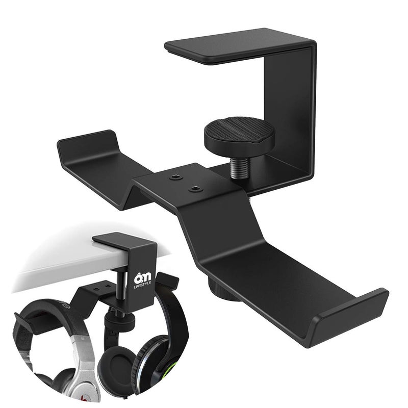 6amLifestyle Under Desk Dual Headphone Hanger, Metal Headset Stand Gaming Earphone Holder Universal Clamp on Desk Hanger Hook for All Headsets, Black (Patent) - Image 1